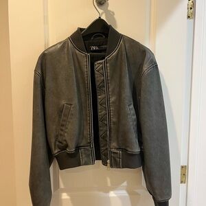 Zara Gray Leather Bomber Jacket